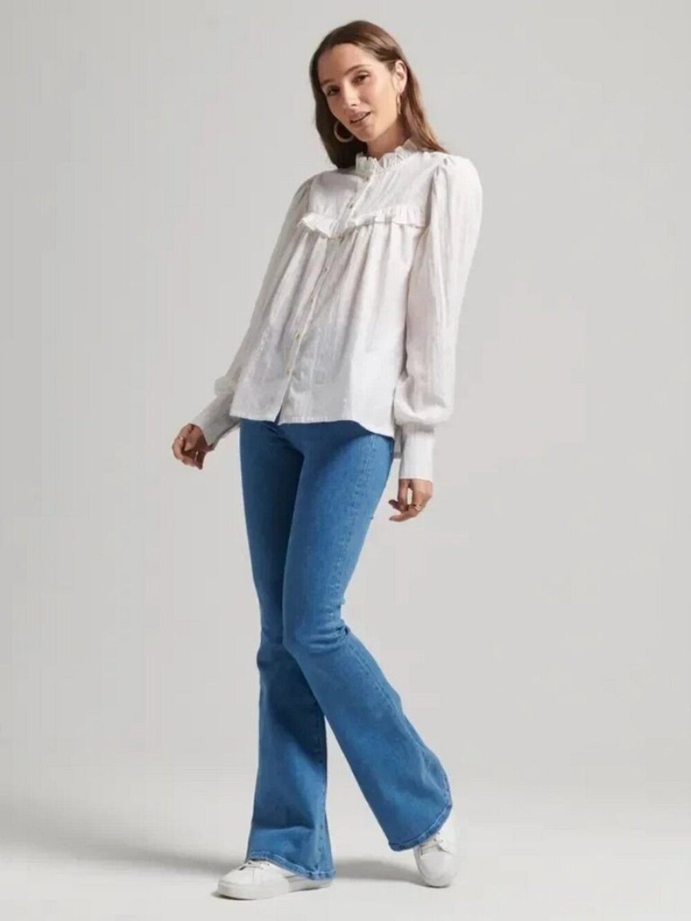Superdry Studios White Frill Blouse Striped Printed Buttondowon Top S